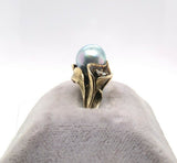 14k Yellow Gold Blue Akoya Pearl and Diamond Ring (#J5417)