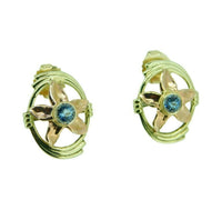 Retro 14k Gold Genuine Natural Aquamarine Earrings w/ Rose Gold Flowers (#J2522)