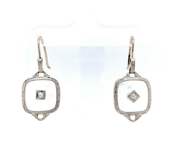14k Gold Art Deco Genuine Natural Rock Crystal Quartz Dangle Earrings (#J5506)