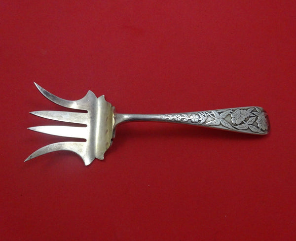 Duhme Sterling Silver Beef Fork with Flowers 6 3/8" Acid Etched Silverware