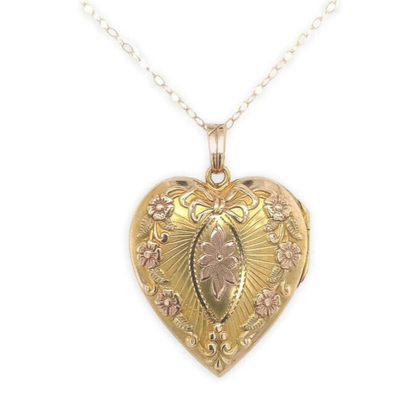 10k Yellow Gold Locket with Rose Gold Flowers and Bow w/ 14k Gold Chain (#J6673)