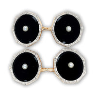 Platinum and 14k Pair of Black Onyx and Pearl Men's Cufflinks w/Engraving #J6873