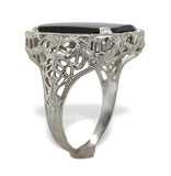 10k White Gold Filigree Genuine Natural Black Onyx Ring Size 5.25 (#J7264)