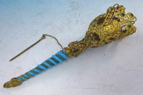 Gilt Bronze Tussie Mussie Posey Posy Holder with Blue Opaline Handle (#J1259)