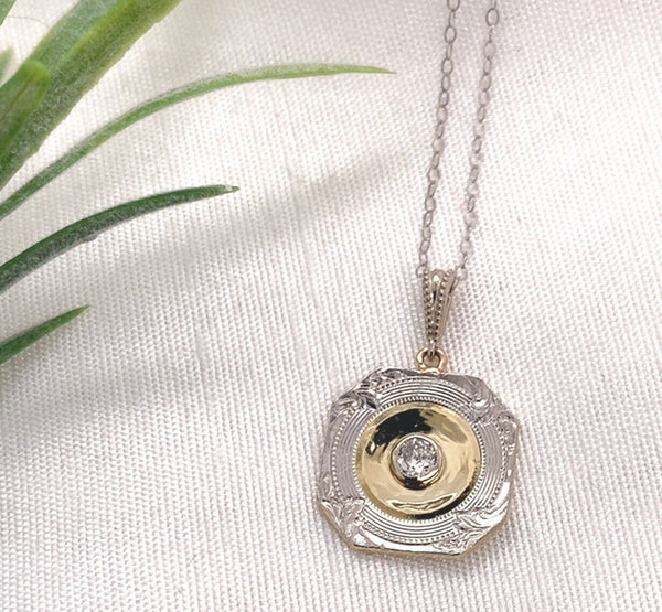 14k Yellow Gold Genuine Natural Diamond Pendant w/ Platinum Top 18" Chain #J7188