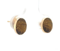 14k Gold Earrings w/ Scarab Carved Genuine Natural Tiger's Eye Quartz (#J6685)