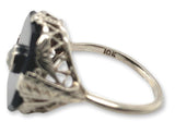 Art Deco 10k Gold Genuine Natural Black Onyx and Diamond Filigree Ring (#J7082)