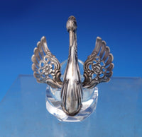 German Glass Sterling Salt Dip Swan Shape Moveable Wings Divided w/Spoon (#7215)