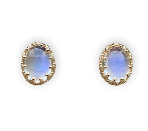 14k Yellow Gold Pair of Oval Genuine Natural Moonstone Stud Earrings (#J6708)