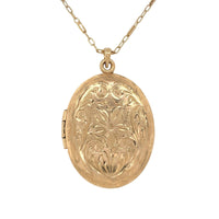 14k Yellow Gold Oval Locket w/Engraved Design on Fancy Cast Link Chain (#J7182)