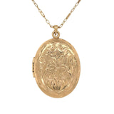 14k Yellow Gold Oval Locket w/Engraved Design on Fancy Cast Link Chain (#J7182)