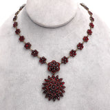 Rosette Genuine Natural Bohemian Garnet Necklace w/ Large Rosette Drop (#J6953)
