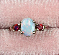 14k White Gold Genuine Natural Opal and Ruby Three Stone Ring (#J3863)