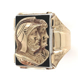 10k Yellow Gold Men's Double Warrior Gold Cameo Ring Black Enamel (#J6181)