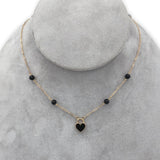 14k Gold Necklace w/ Black Enamel Heart Shape Lock Pendant Onyx Beads (#J7572)