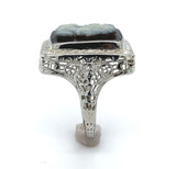 18k White Gold Filigree Genuine Natural Hard Stone Agate Cameo Ring (#J6215)