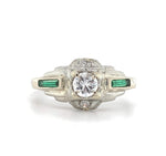 18k White Gold Diamond Filigree Ring w/ Synthetic Lab-Created Emeralds (#J5713)