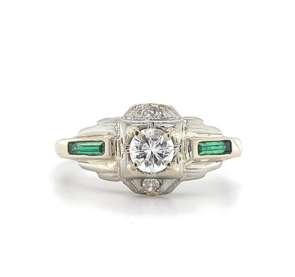 18k White Gold Diamond Filigree Ring w/ Synthetic Lab-Created Emeralds (#J5713)