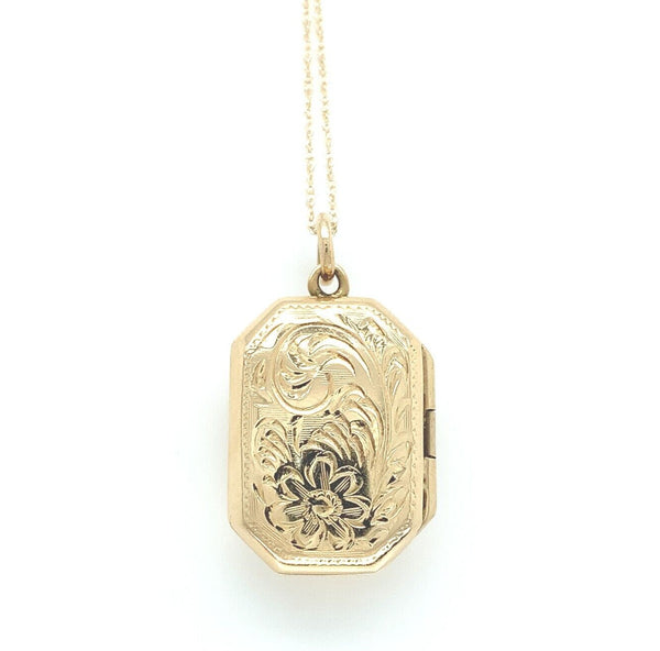 14k Yellow Gold Rectangular Locket with Engraved Floral Design (#J6435)