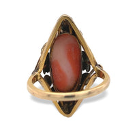 14k Gold Arts and Crafts Genuine Coral Cameo Ring Handwrought Flowers (#J7335)