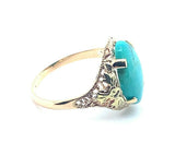 10k Yellow Gold Vintage Genuine Natural Turquoise Ring Applied Flowers (#J5213)