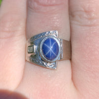 14k Gold Men's Blue Star Synthetic Lab-Created Sapphire Diamond Ring (#J6642)