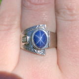 14k Gold Men's Blue Star Synthetic Lab-Created Sapphire Diamond Ring (#J6642)