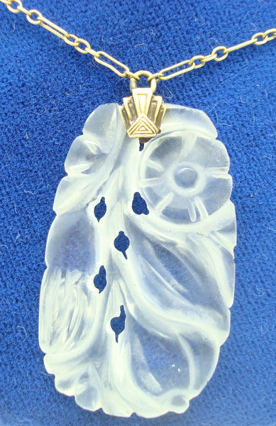 14k Yellow Gold Art Deco Carved Rock Crystal Necklace Jewelry (#J2428)
