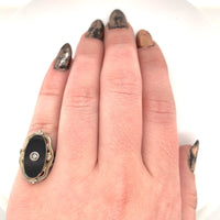 14k White Gold Genuine Natural Black Onyx Diamond Ring Scalloped Flowers #J6028