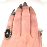 14k White Gold Genuine Natural Black Onyx Diamond Ring Scalloped Flowers #J6028