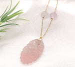 14k Yellow Gold Art Deco Carved Genuine Natural Rose Quartz Necklace (#J7180)