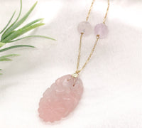 14k Yellow Gold Art Deco Carved Genuine Natural Rose Quartz Necklace (#J7180)