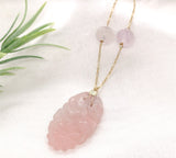 14k Yellow Gold Art Deco Carved Genuine Natural Rose Quartz Necklace (#J7180)