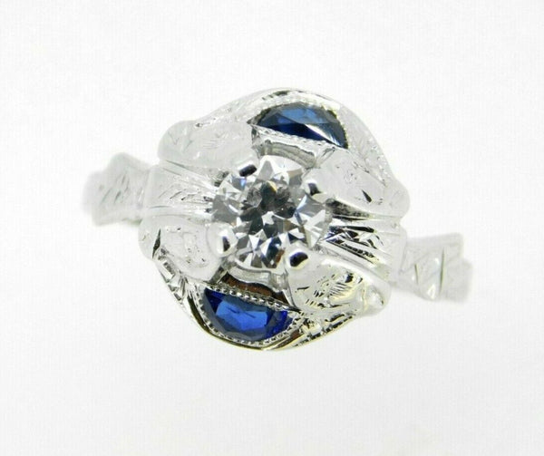 Art Deco 18k White Gold Diamond and Lab-Created Sapphire Ring Jewelry (#J5057)