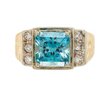 14k Gold 3.55 Carat Blue Genuine Natural Zircon Men's Ring w/ Diamonds (#J6920)