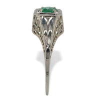 18k White Gold Filigree Art Deco .39ct Genuine Natural Emerald Ring (#J7199)