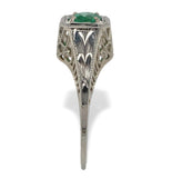 18k White Gold Filigree Art Deco .39ct Genuine Natural Emerald Ring (#J7199)