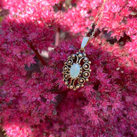 14k Gold Oval Genuine Natural Opal Pendant with Pierced Scrollwork (#J6226)