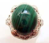 14k White Gold Oval Genuine Natural Malachite Filigree Ring (#J2900)