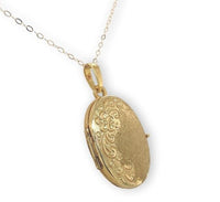 14k Gold Oval Locket with Engraved Flowers and Scrollwork with Chain (#J6674)