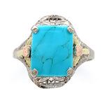 10k Gold Genuine Natural Turquoise Ring w/ Rose and Green Gold Flowers (#J6565)