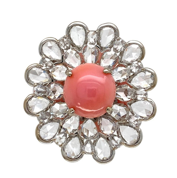 18k White Gold 3.46 Carat Conch Pearl and Rose Cut Diamond Ring w/ Report #J7224
