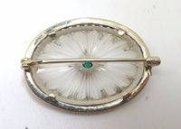 14K White Gold Art Deco Crystal Quartz Brooch with Lab-Created Emerald (#J110)