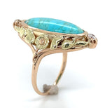 10k Gold Arts and Crafts Campito Genuine Natural Turquoise Flowers Ring (#J6560)
