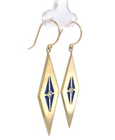 14k Yellow Gold Plique-A-Jour Blue Enamel Genuine Diamond Drop Earrings (#J7363)