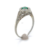 Art Deco 14k White Gold Filigree Ring with .18ct Genuine Natural Emerald #J6408
