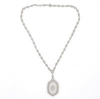 14k White Gold Filigree Genuine Natural Rock Crystal Diamond Necklace (#J6502)