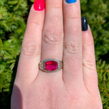 14k White Gold Men's Synthetic Lab-Created Ruby Ring w/ Hand Engraving (#J6643)