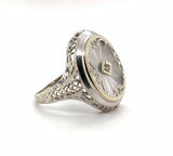 14k White Gold Genuine Natural Filigree Rock Crystal Diamond Ring (#J6206)