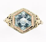 14k Yellow Gold Art Deco Filigree Ring w/Specialty Hexagon Cut Aquamarine #J6544